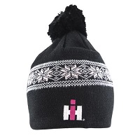 IH Ladies Gray & Pink Jaquard Knit Hat with Pom Pom