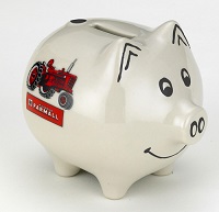 White Stoneware Piggy Bank w/ McCormick-Farmall Tractor Logo