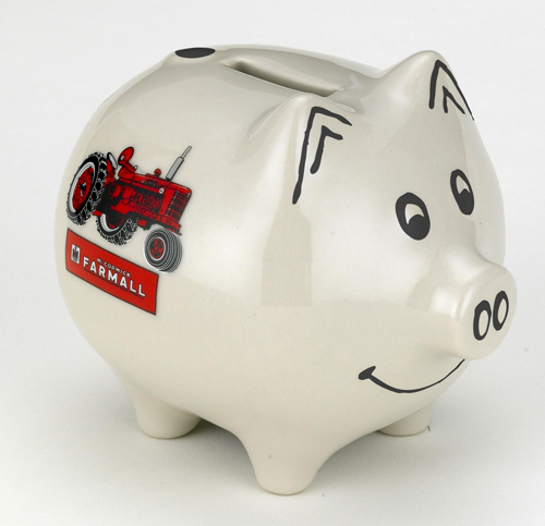 White Stoneware Piggy Bank w McCormick Farmall Tractor Logo