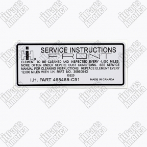 Air Cleaner Service Instructions Decal for IH Engine