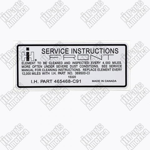 Air Cleaner Service Instructions Decal for IH Engine